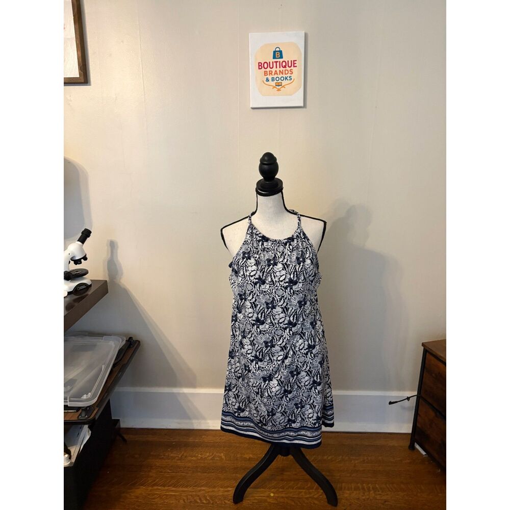 Max Studio Navy & White Floral Halter Shift Dress | Size Medium